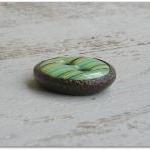 Round Green Stripe Brown Polymer Clay Button..