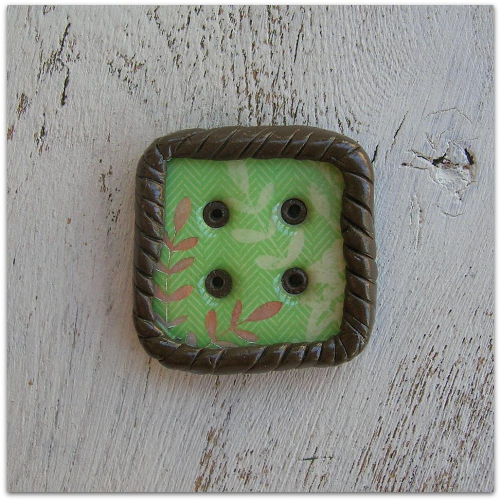 Square Green Silver Foil Leaves Brown Polymer Clay Button Pendant