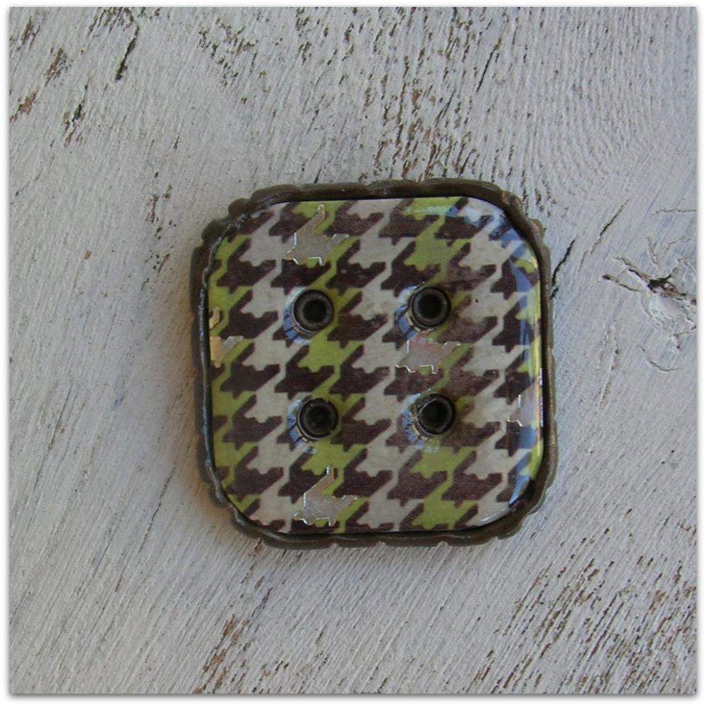 Square Green Brown Cream Silver Foil Houndstooth Brown Polymer Clay Button Pendant
