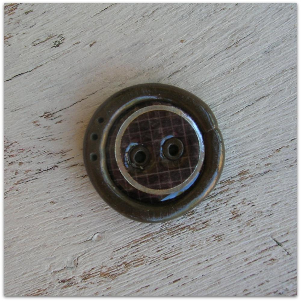 Round Brown Check With Silver Foil Circle Brown Polymer Clay Button Pendant