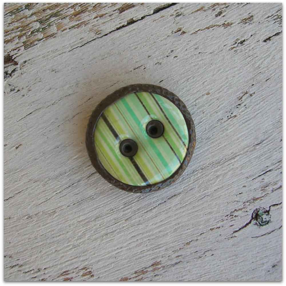 Round Green Stripe Brown Polymer Clay Button Pendant